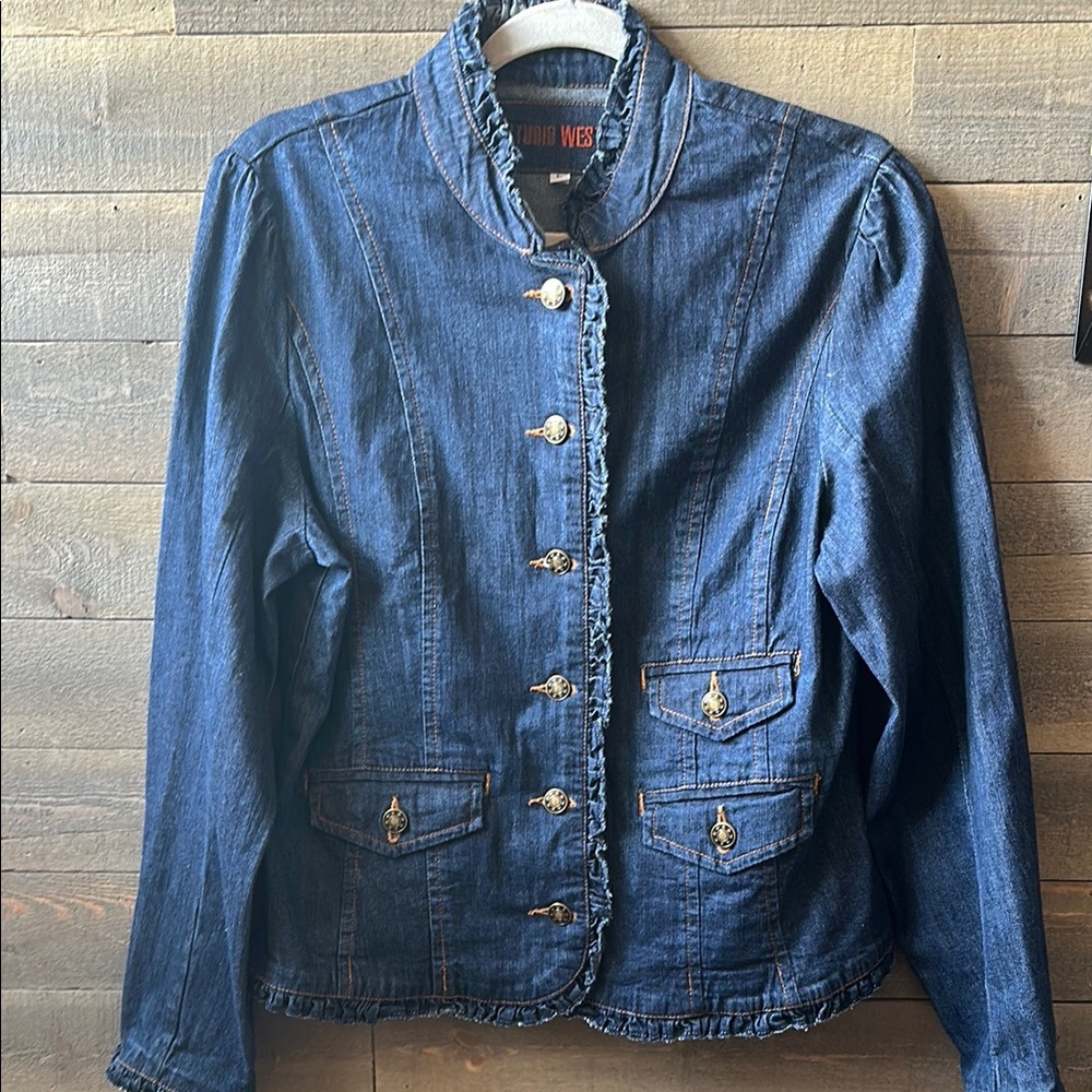 Studio West Blue Jean Jacket with Stand-Up Collar